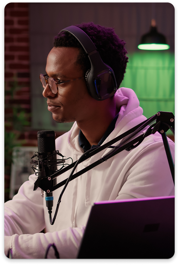 Speaker inside podcast studio